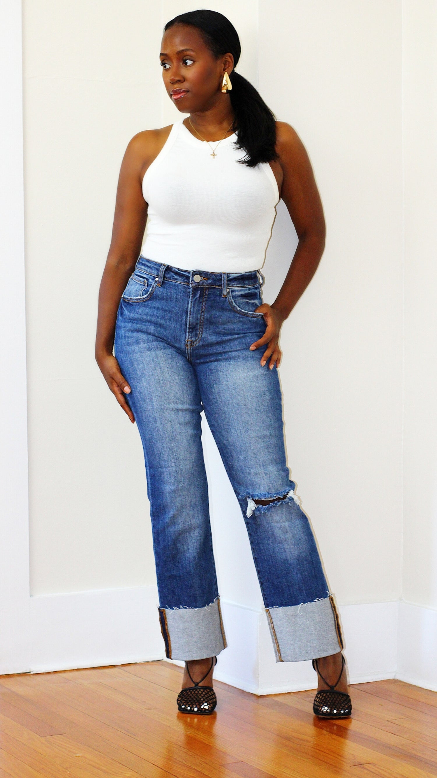 High Rise Cuffed Straight Jeans