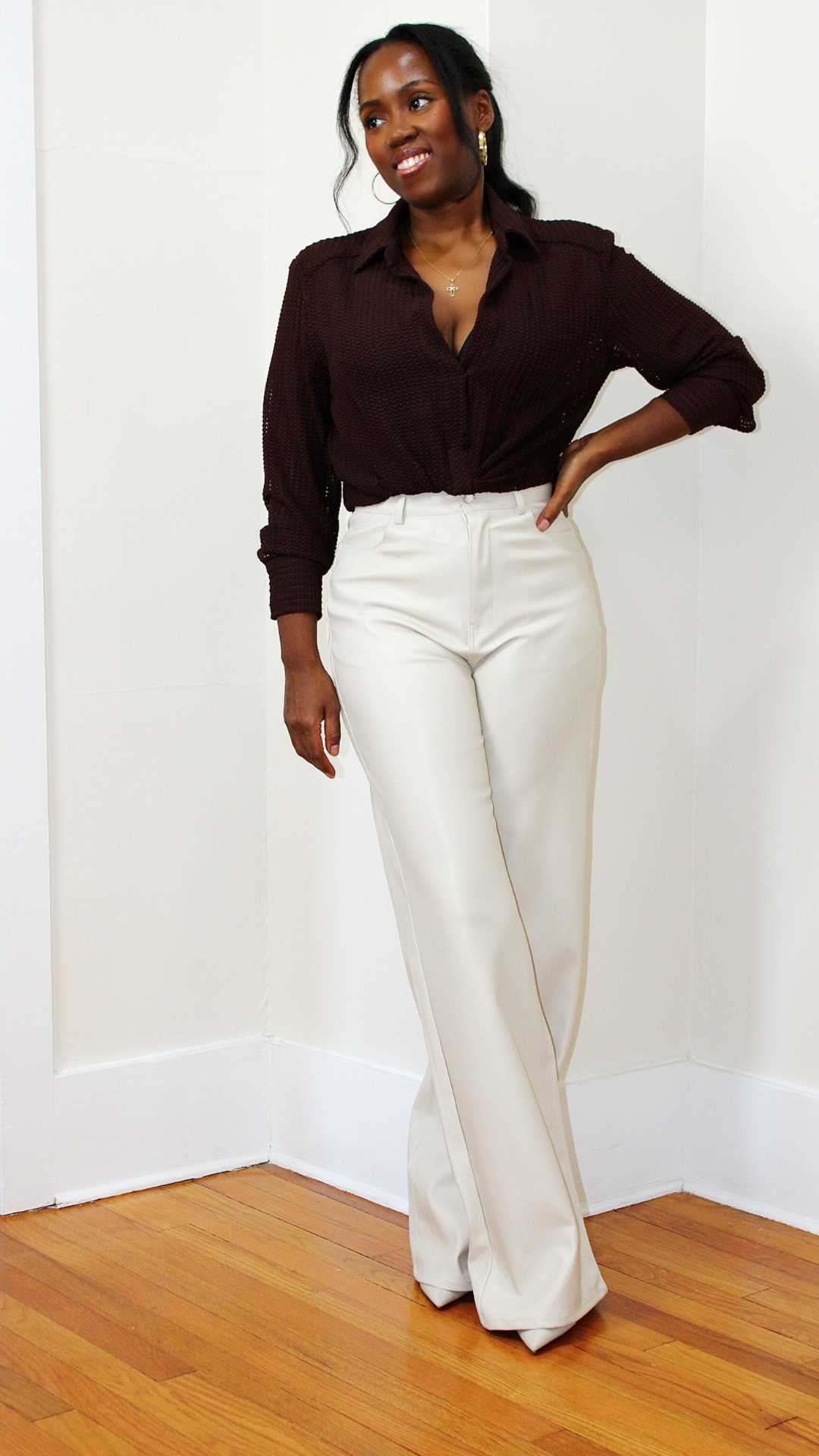 High Waist Leather Pants - CREAM