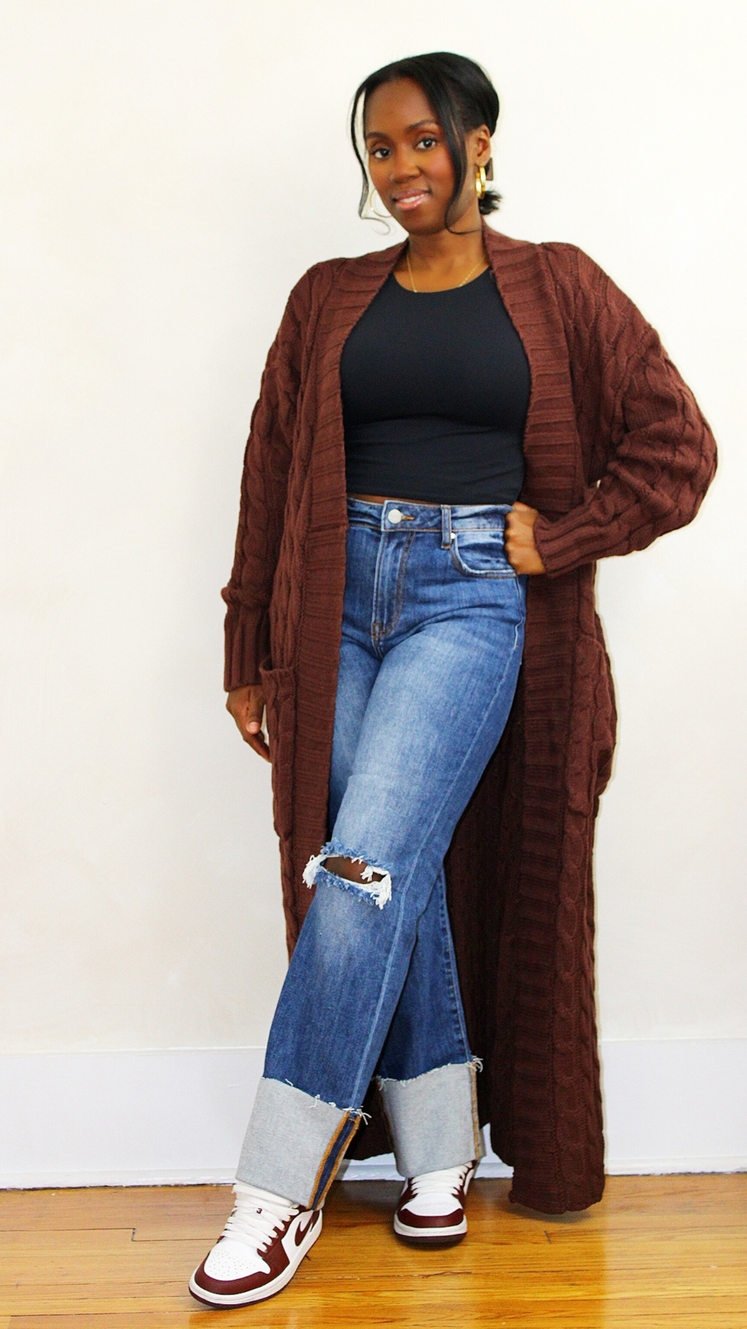 Cardigan Braun Lang Long Strickjacke Braun Long Cable Knit
