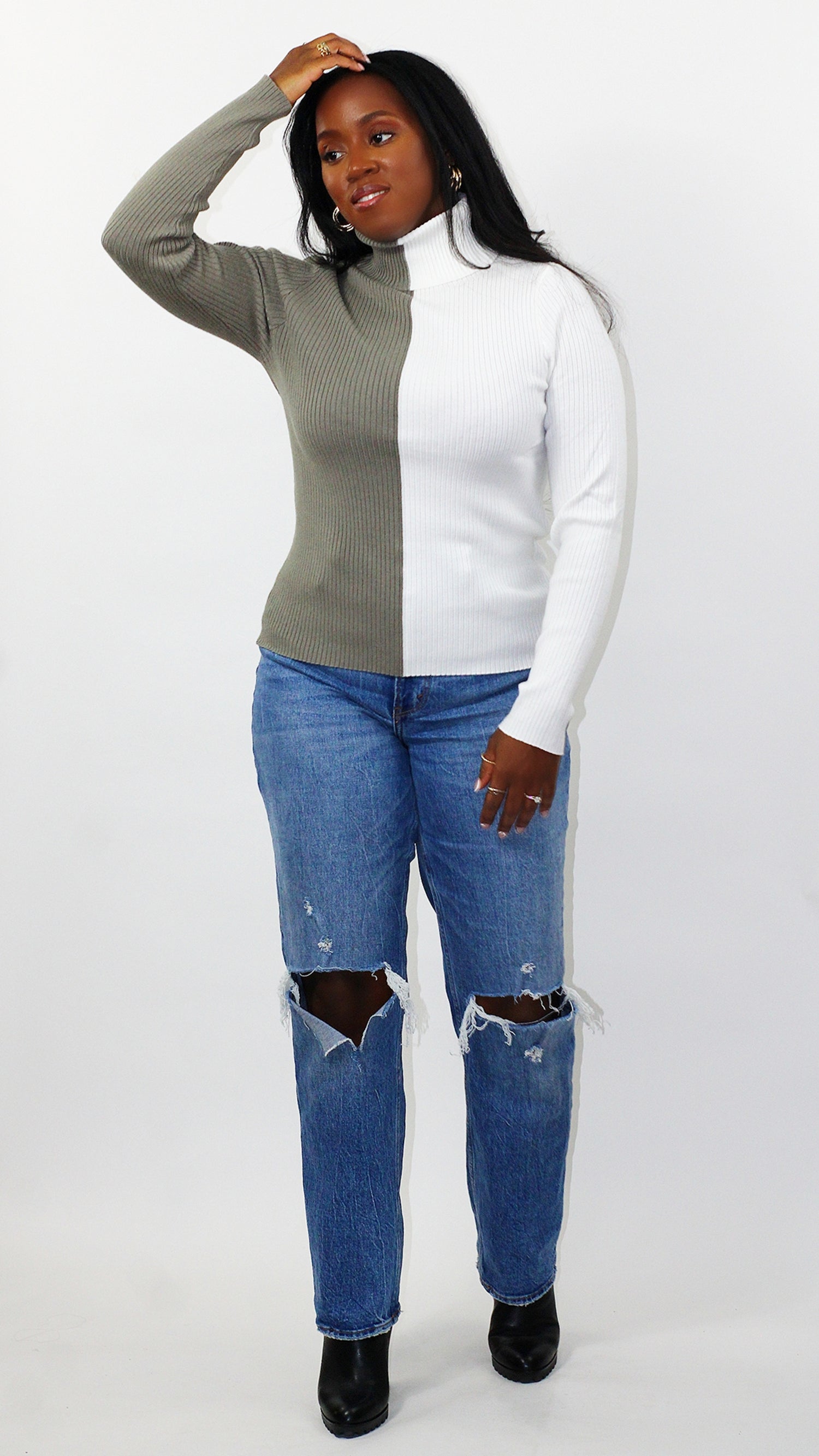 Color Block Ribbed Turtleneck - Moss/Ivory