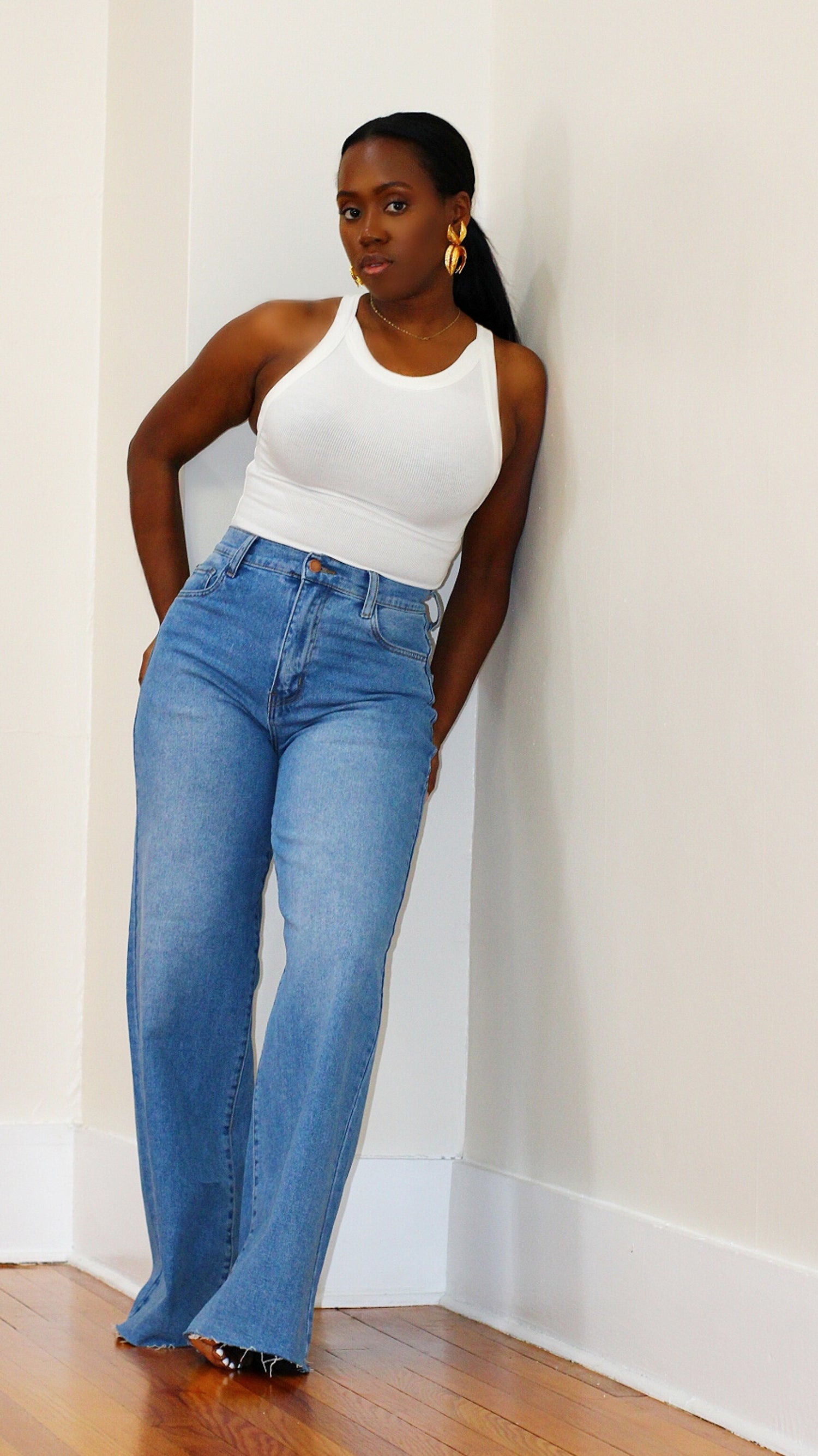 High Waist Wide Leg Denim- Stone