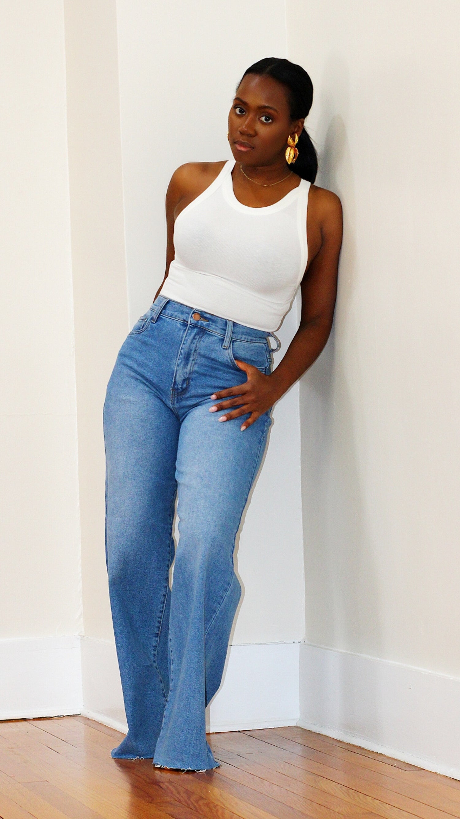 High Waist Wide Leg Denim-  Stone