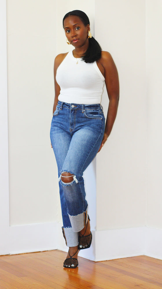 High Rise Cuffed Straight Jeans