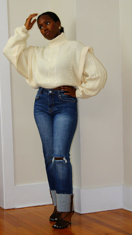 Turtleneck Cable Knit Sweater Crop- Cream