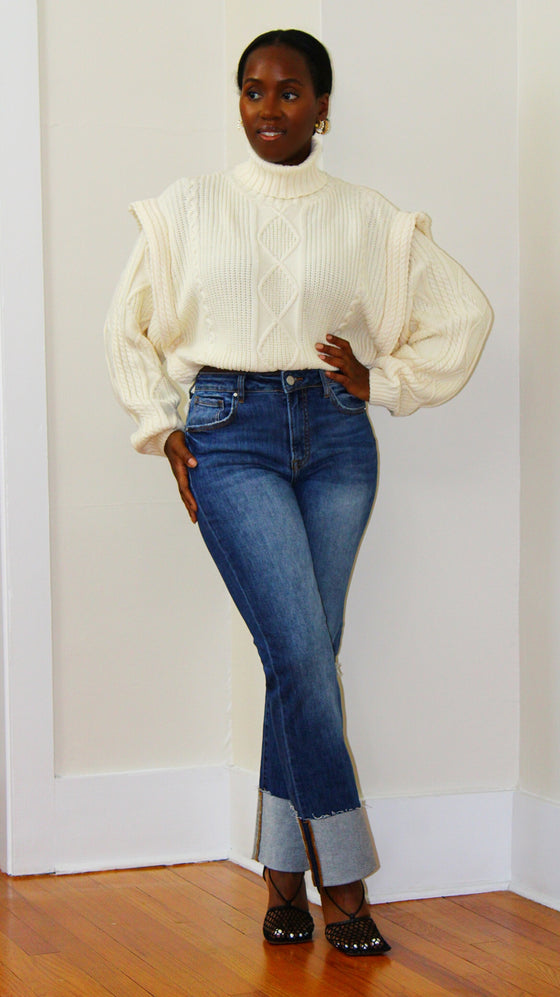 Turtleneck Cable Knit Sweater Crop- Cream