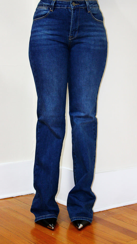 Mid Rise Straight Leg Long Inseam- Dark Wash