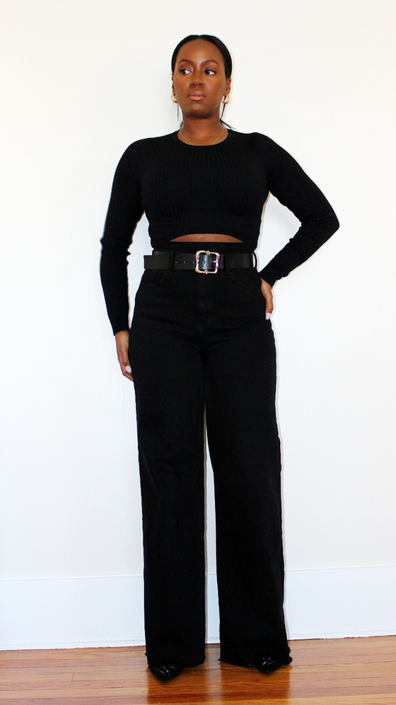 High Waist Wide Leg Denim-  Black