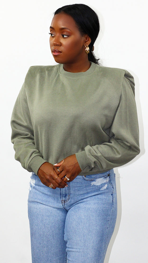 Zoe Power Shoulder Sweatshirt - Lt Olive