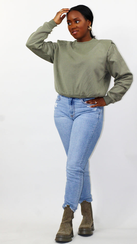 Zoe Power Shoulder Sweatshirt - Lt Olive