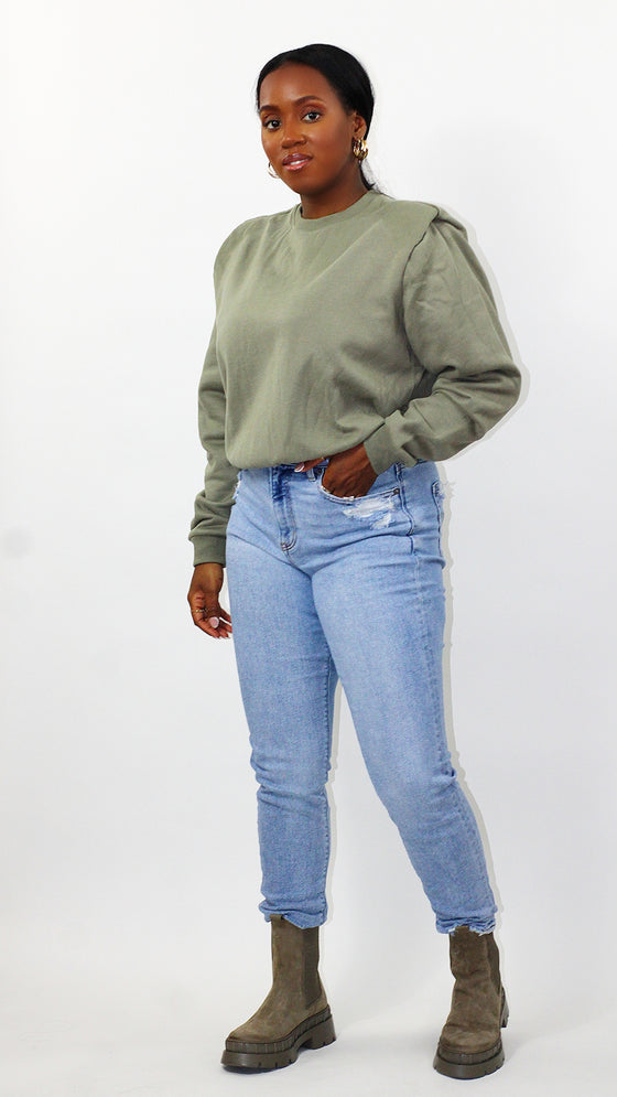 Zoe Power Shoulder Sweatshirt - Lt Olive