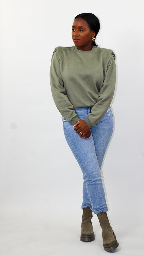 Zoe Power Shoulder Sweatshirt - Lt Olive