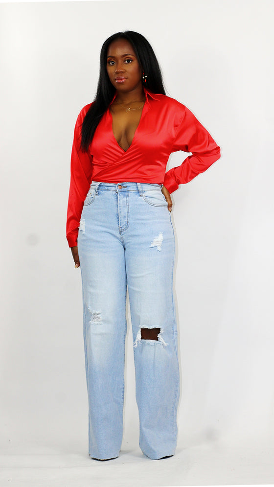 Hoilday Satin Tie Top - Red