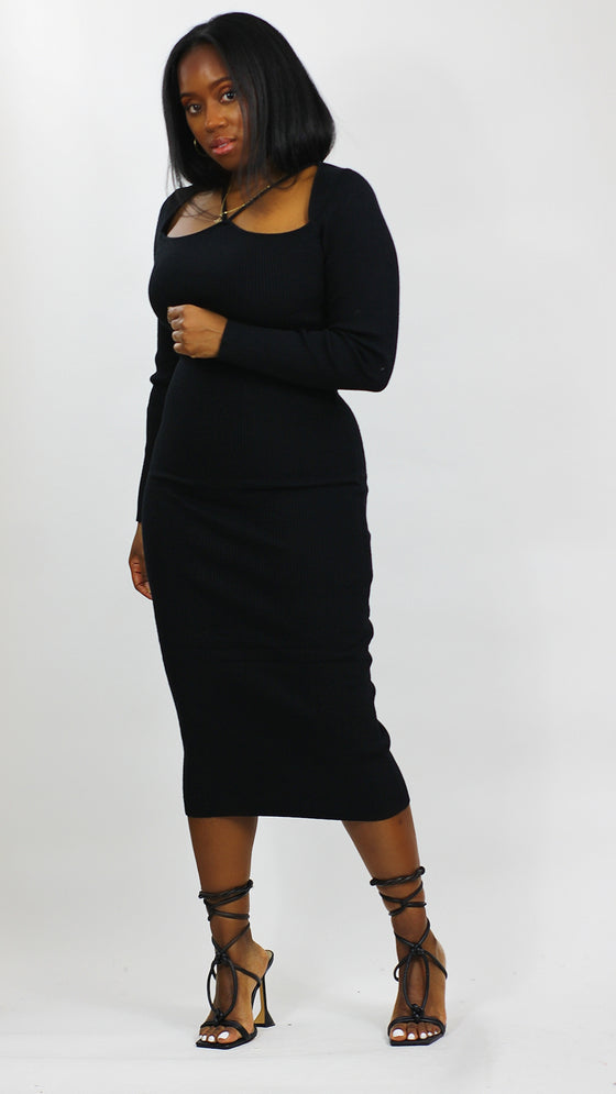 Ribbed Knit Midi Dress - Black