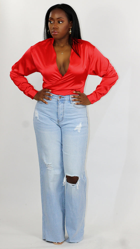 Hoilday Satin Tie Top - Red
