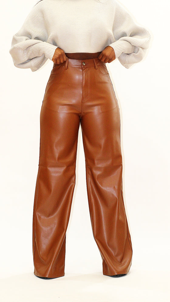High Waist Leather Pants - Carmel