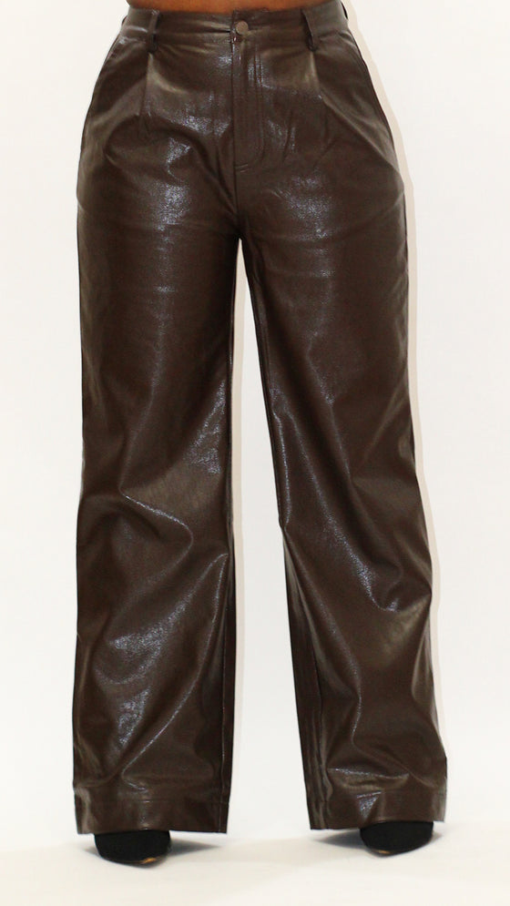Wide Leg Leather Pants- Cocoa